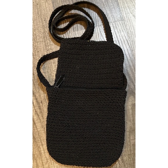 Black Crochet Beaded Crossbody Purse Small Vintage Boho Casual Style - Picture 3 of 4